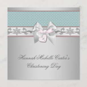 Zilveren Blauwgroen Roze Meisjes Doop Kaart