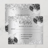 Zilveren bloem monochrome bruiloft RSVP kaart (Voorkant / Achterkant)