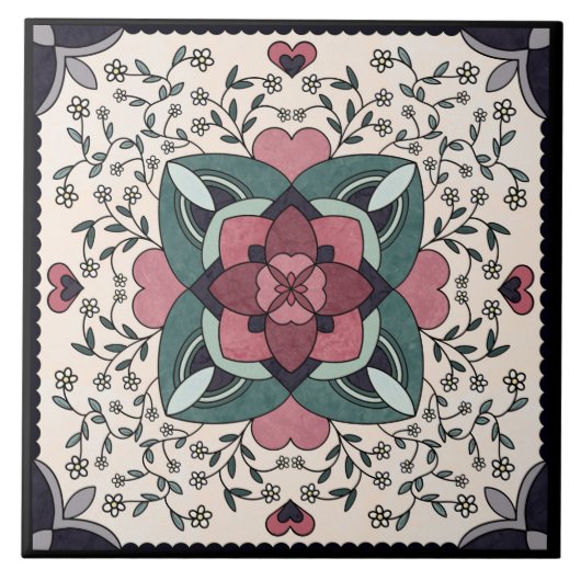 Zilveren Bloem Retro Mandala Keramische Tegel Tegeltje (Voorkant)