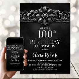 Zilveren Bloem Zwart 100ste Verjaardagsfeest Kaart