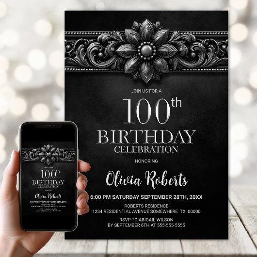 Zilveren Bloem Zwart 100ste Verjaardagsfeest Kaart