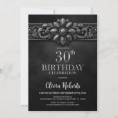 Zilveren Bloem Zwart 30e Verjaardagsfeest Kaart (Voorkant)