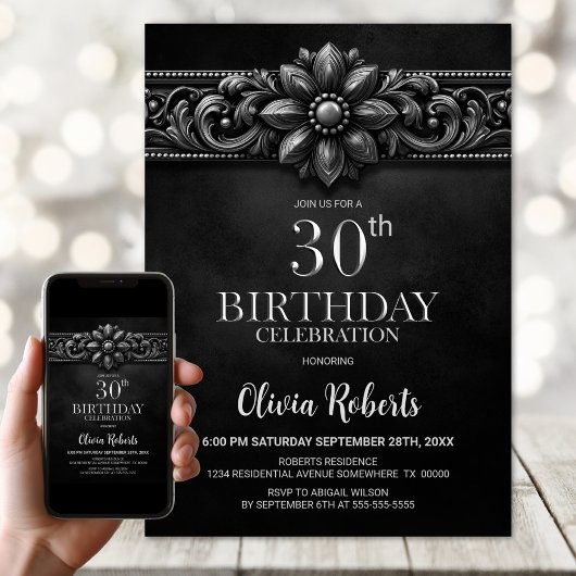 Zilveren Bloem Zwart 30e Verjaardagsfeest Kaart