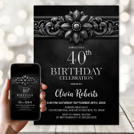 Zilveren Bloem Zwart 40e Verjaardagsfeest Kaart