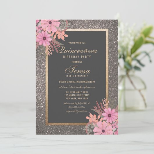 Zilveren Bloemblad Waterverf Glitter Quinceañera Kaart (Staand voorkant)