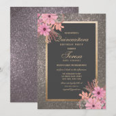 Zilveren Bloemblad Waterverf Glitter Quinceañera Kaart (Voorkant / Achterkant)