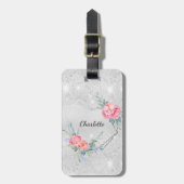 Zilveren bloemen blush roze glitter naam bagagelabel (Voorkant verticaal)