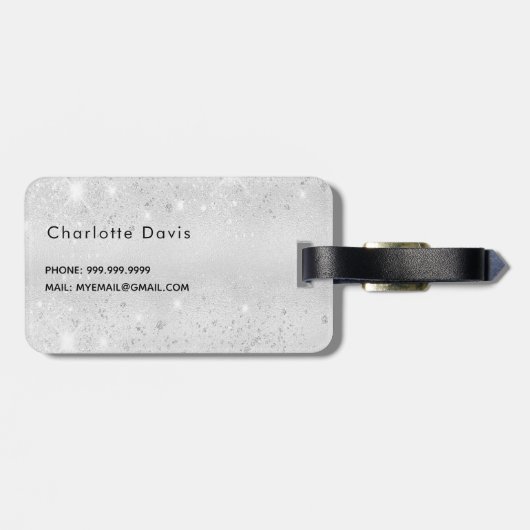 Zilveren bloemen blush roze glitter naam bagagelabel (Achterkant horizontaal)
