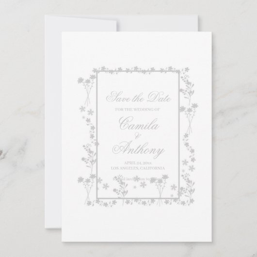 Zilveren Bloemen Border Bruiloft Kaart (Voorkant)