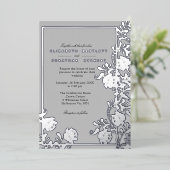 Zilveren Bloemen en Elegant Grijs Folie Uitnodiging (Staand Voorkant)