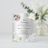 Zilveren bloemen foto 25e huwelijksuitnodiging (Staand voorkant)
