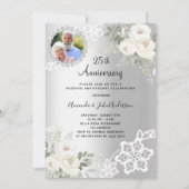 Zilveren bloemen foto 25e huwelijksverjaardag kaart (Voorkant)