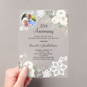 Zilveren bloemen foto 25ste huwelijksverjaardag acryl uitnodigingen (Insitu (Draagbaar))