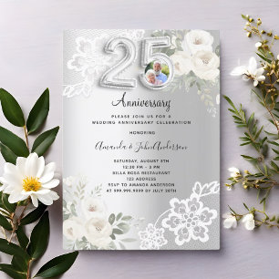Zilveren bloemen foto 25ste huwelijksverjaardag kaart