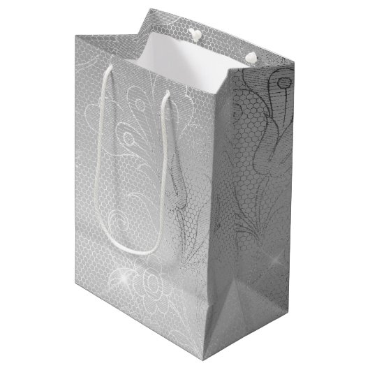 Zilveren Bloemen Kant Bruiloft Medium Cadeauzakje (Voorkant Gekanteld)