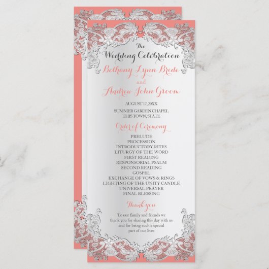 Zilveren Bloemen Kant Ontwerp Trouwprogramma Programmakaart (Voorkant / Achterkant)