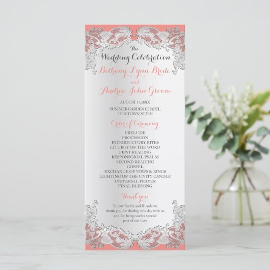 Zilveren Bloemen Kant Ontwerp Trouwprogramma Programmakaart (Staand voorkant)