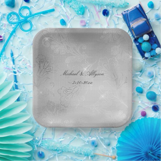 Zilveren Bloemen Lace Wedding Papieren Bordje (Feest)