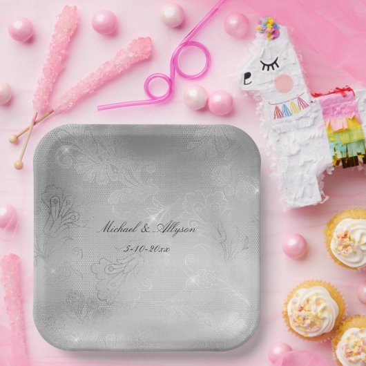 Zilveren Bloemen Lace Wedding Papieren Bordje (Feest)