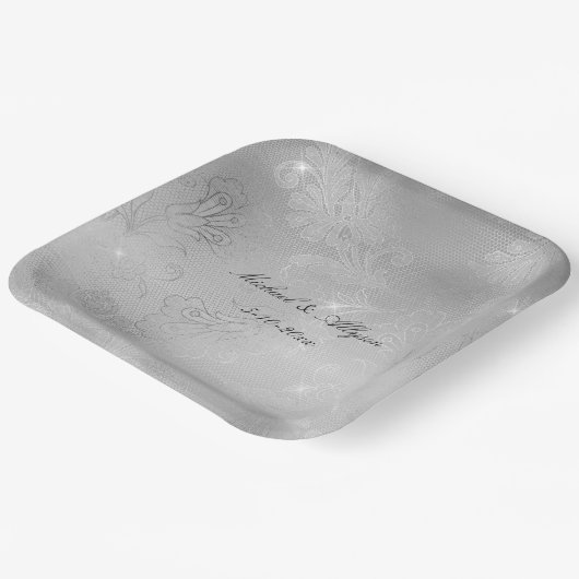 Zilveren Bloemen Lace Wedding Papieren Bordje (Gebogen)