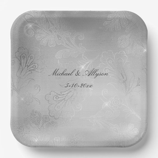 Zilveren Bloemen Lace Wedding Papieren Bordje (Voorkant)