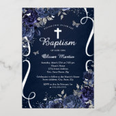 Zilveren Bloemen Marine Vlinder Jongen Doop Folie Uitnodiging (Voorkant)