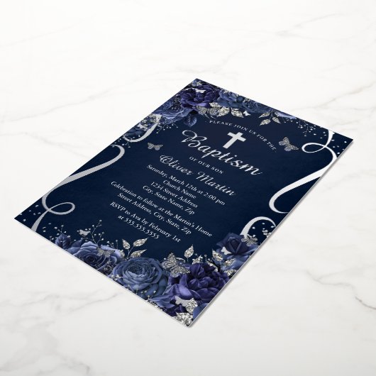 Zilveren Bloemen Marine Vlinder Jongen Doop Folie Uitnodiging (Gedraaid)