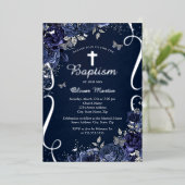 Zilveren Bloemen Marine Vlinder Jongen Doop Folie Uitnodiging (Staand Voorkant)