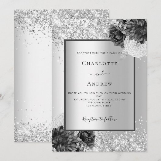 Zilveren bloemen monochrome bruiloft kaart (Voorkant / Achterkant)