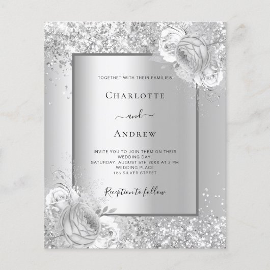 Zilveren bloemen monochrome bruiloft uitnodiging (Voorkant)