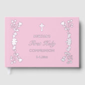 Zilveren bloemen op roze eerste communie gastenboek (Voorkant)