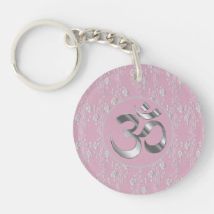 Zilveren bloemen op roze OM-symbool Sleutelhanger