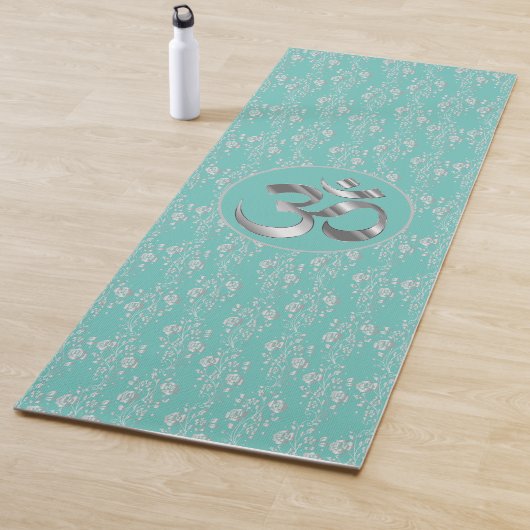 Zilveren Bloemen op Turquoise OM Yoga Mat (In situ)