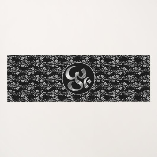 Zilveren bloemen op zwarte OM Yoga Mat (Achterkant (horizontaal))
