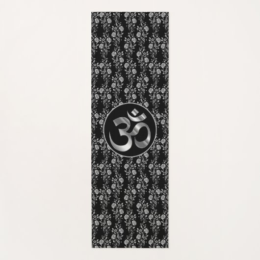 Zilveren bloemen op zwarte OM Yoga Mat (Voorkant)