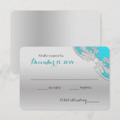 Zilveren Bloemen Trouwantwoord Turquoise RSVP Kaartje (Voorkant / Achterkant)