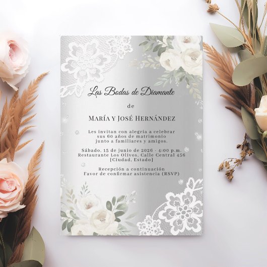 Zilveren Bloemen Uitnodiging Diamanten Bruiloft