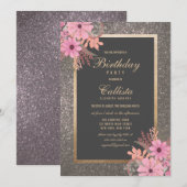 Zilveren Bloemenblaadjes Waterverf Glitter Verjaar Kaart (Voorkant / Achterkant)