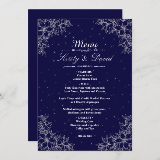 Zilveren  bloemenbruiloft menu (Voorkant / Achterkant)