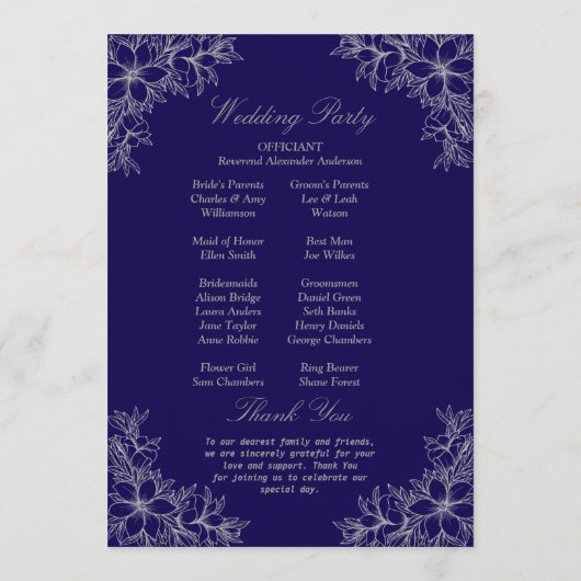 Zilveren  bloemenbruiloft programmakaart (Achterkant)