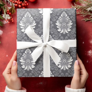 Zilveren Bloemendamask Naadloos Grijs Bloemmotief Cadeaupapier
