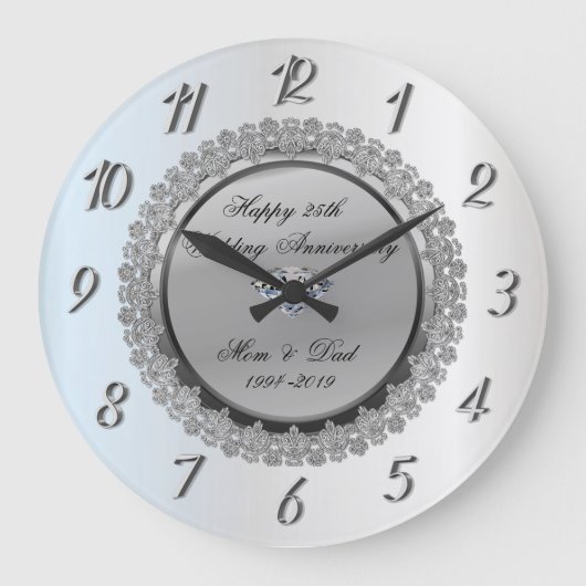 Zilveren bloemendiamond25e huwelijksverjaardag grote klok (Voorkant)