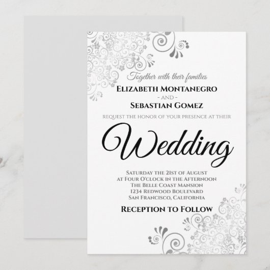 Zilveren bloemenfiligraan Elegant chique bruiloft Kaart (Voorkant / Achterkant)