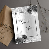 Zilveren bloemenglitter elegant glamoureus bedankkaart