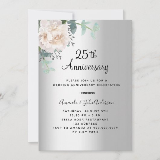 Zilveren bloemengroen 25e trouwdag kaart (Voorkant)
