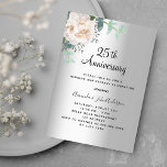 Zilveren bloemengroen 25e trouwdag kaart<br><div class="desc">Een faux zilver uitziende achtergrond. Versierd met een witte bloem,  pioenenbloem en groen waterkleurig eucalyptusgroen. Personaliseer en voeg uw namen en de details toe</div>