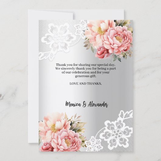 Zilveren bloemenkant trouwfoto bedankkaart kaart (Achterkant)