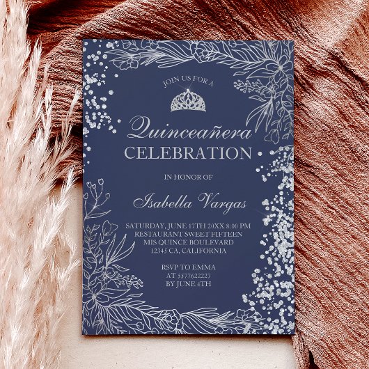 Zilveren bloemenmarineblauw foto Tiara Quinceañera Kaart