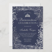 Zilveren bloemenmarineblauw foto Tiara Quinceañera Kaart (Voorkant)