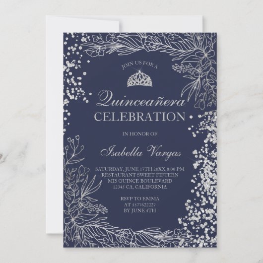 Zilveren bloemenmarineblauw foto Tiara Quinceañera Kaart (Voorkant)